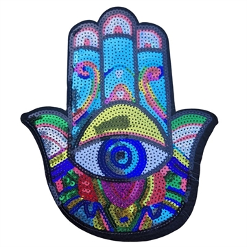 Strygemærke Hamsas hånd 22x18 cm pailetter